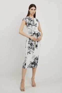 Tall Tailored Crepe Mono Floral Bow Detail Midi Dress