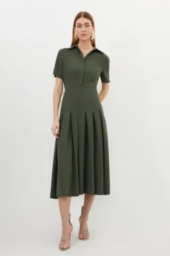 Tall Tailored Crepe Short Sleeve Pleated Midi Dress
