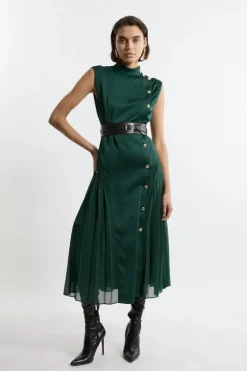 Tall Top Stitch Satin Georgette Strong Shoulder Midi Dress