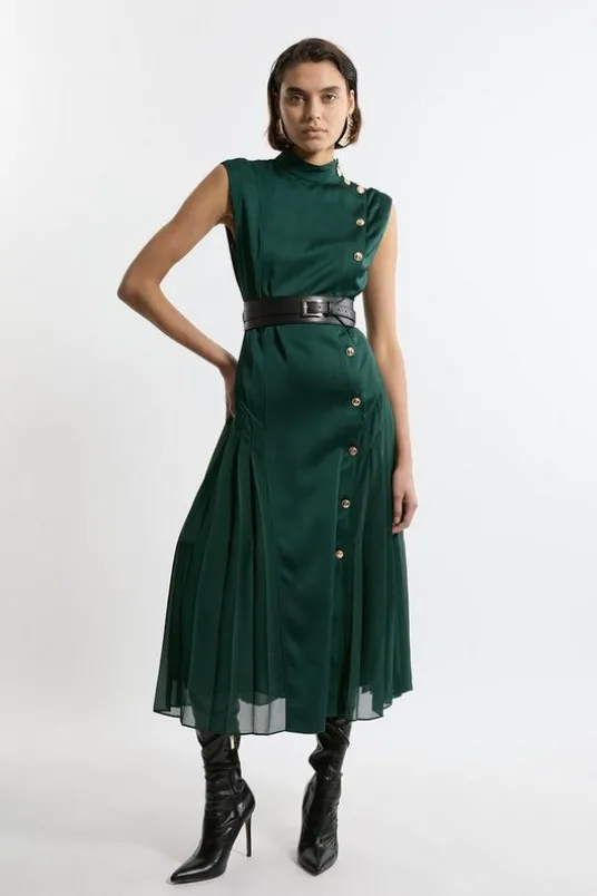 Tall Top Stitch Satin Georgette Strong Shoulder Midi Dress