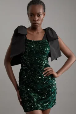 Tall Velvet Sequin Woven Mini Dress With Taffeta Tie Detail