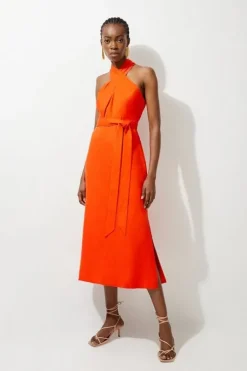 Tall Viscose Linen Woven Cross Neckline Midi Dress