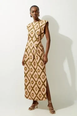 Tall Viscose Linen Woven Strong Shoulder Midi Dress