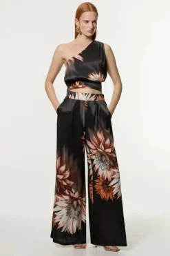 Tall Viscose Satin Printed Wide Leg Woven Pants