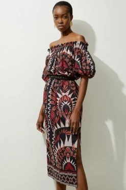 Tall Voile Mirrored Batik Belted Off The Shoulder Midaxi Dress