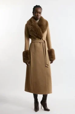 Tall Wool Blend Detachable Faux Fur Belted Midi Coat