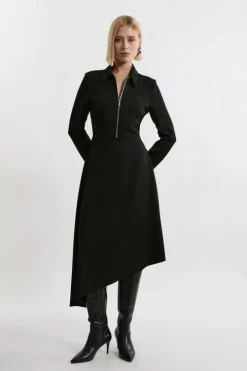 Technical Crepe Tailored Metal Zipp Detail High Low Midi Dress