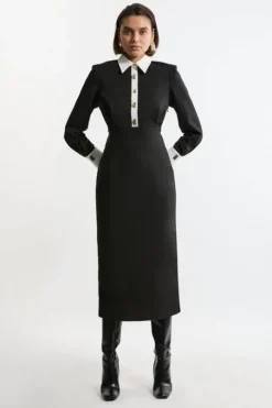 Techno Cotton Woven Maxi Shirt Dress With Gold Clasps