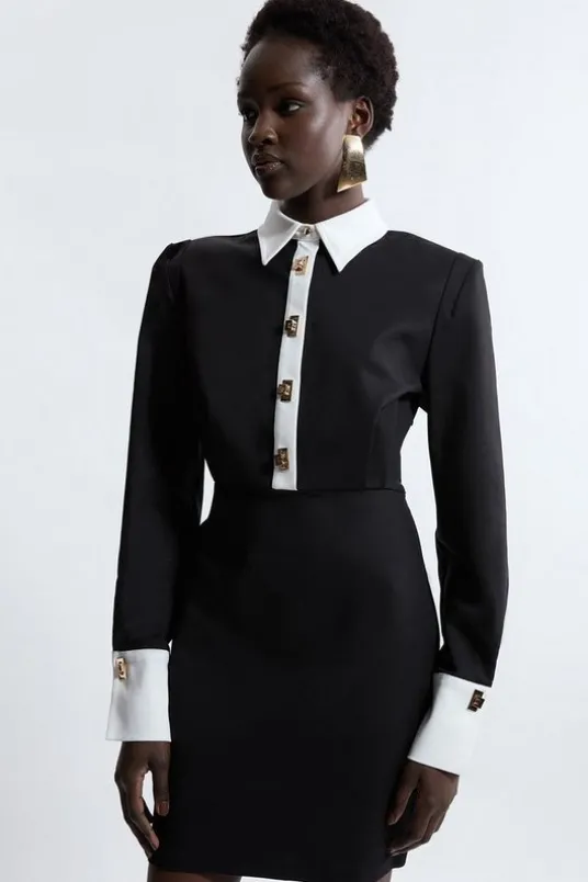 Techno Cotton Woven Mini Shirt Dress With Gold Clasps