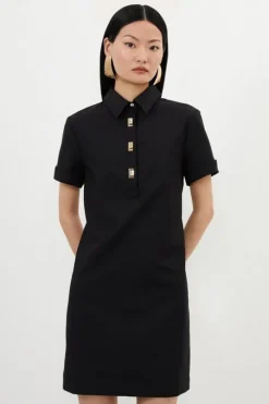 Techno Cotton Woven Short Shirt Dress With Gold Clasp