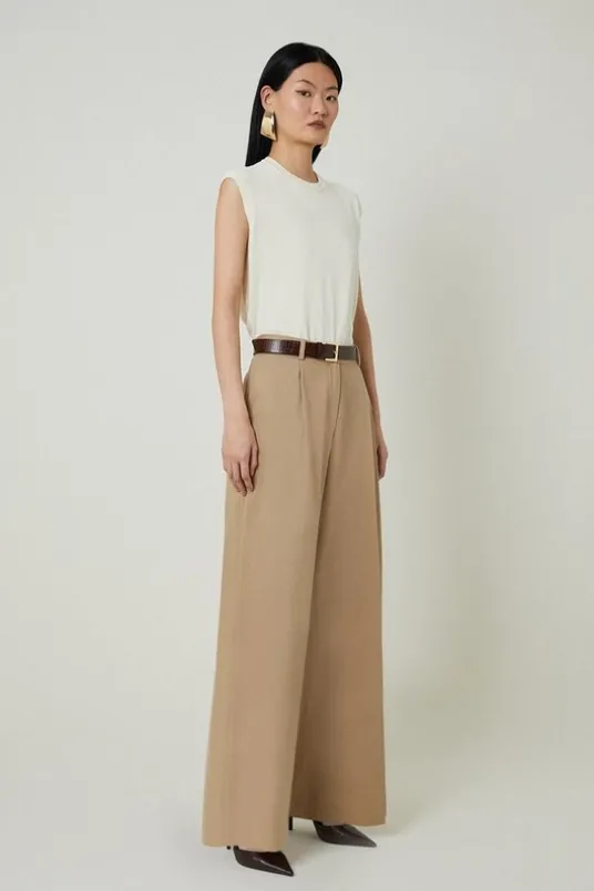 Tencel Cotton Pleated Wide Leg Dress Pants