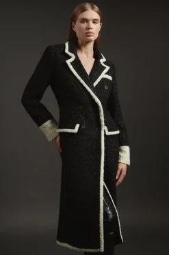 Texture Metallic Contrast Tipped Double Breasted Tailored Midi Coat