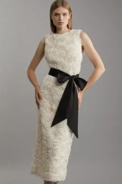 Textured Rosette Bow Belted Pencil Dress