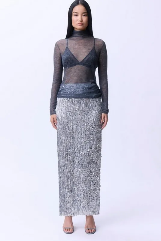 Textured Sequin Woven Maxi Skirt