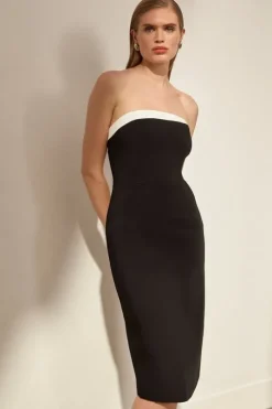 The Founder Compact Stretch Viscose Tailored Contrast Detailed Bandeau Midi Dress