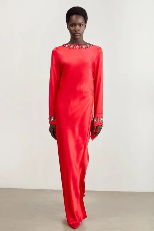 The Founder Crystal Embellished Raw Edge Satin Wrap Maxi Dress