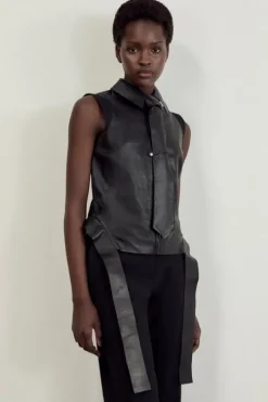 The Founder Leather Cap Sleeve Neck Tie Shirt