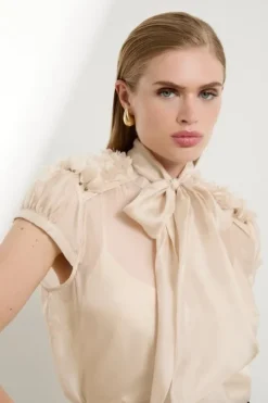 The Founder Organza Petal Applique Woven Tie Neck Blouse