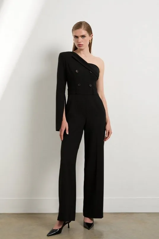 The Founder Petite Compact Stretch One Shoulder Tailored Jumpsuit