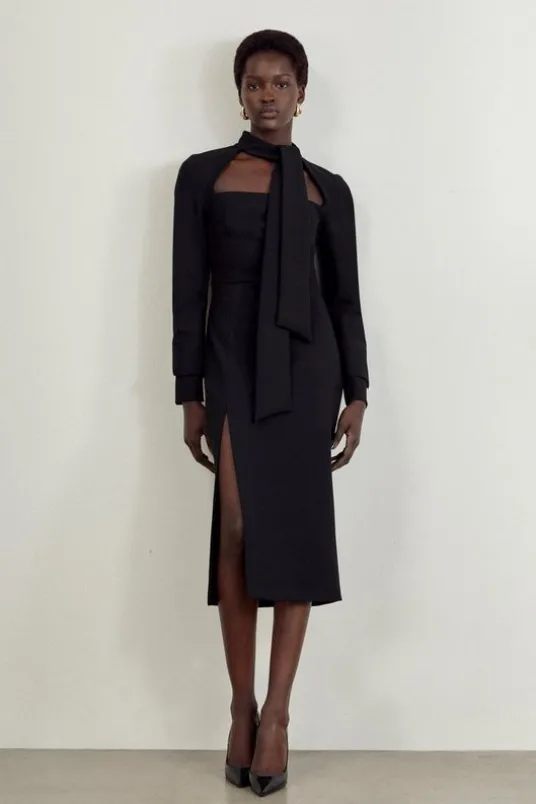 The Founder Petite Compact Stretch Tailored Tie Neck Pencil Midi Dress