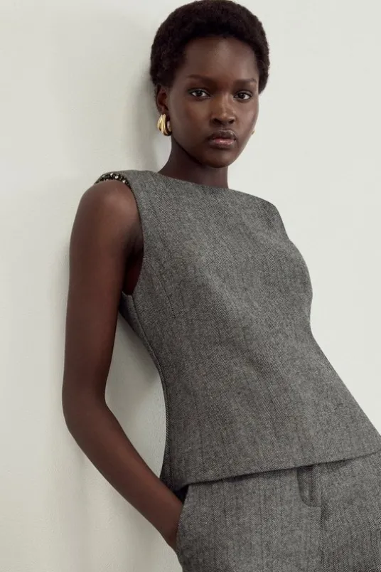 The Founder Petite Herringbone Tailored Embellished Top