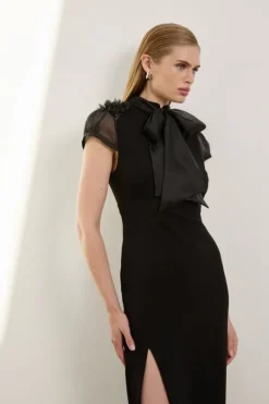 The Founder Petite Organza Petal Applique Woven Tie Neck Midi Dress