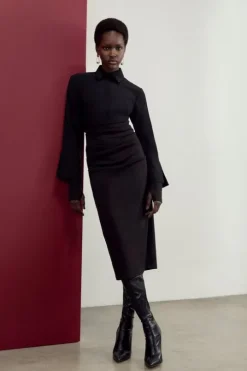 The Founder Petite Soft Touch Jersey Ruched Detail Collard Midi Dress