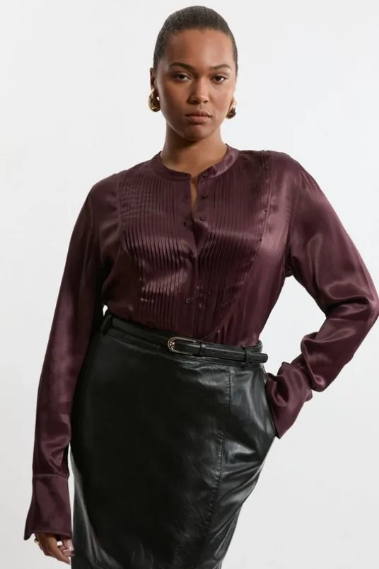 The Founder Plus Size Satin Pintuck Woven Blouse