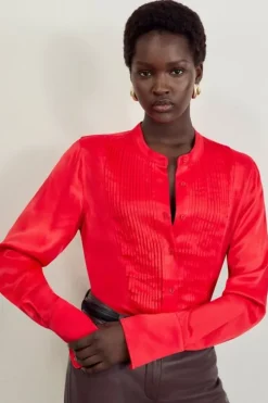 The Founder Satin Pintuck Woven Blouse