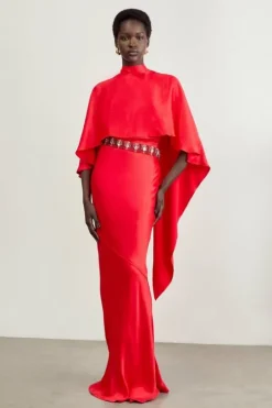 The Founder Tall Crystal Embellished Satin Cape Detail Maxi Dress