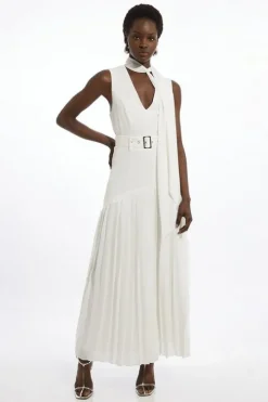 Tie Neck Ponte And Georgette Jersey Pleated Maxi Dress