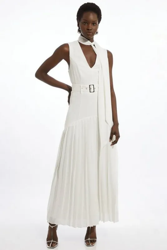 Tie Neck Ponte And Georgette Jersey Pleated Maxi Dress