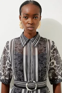 Tile Print Organdie Belted Mini Dress