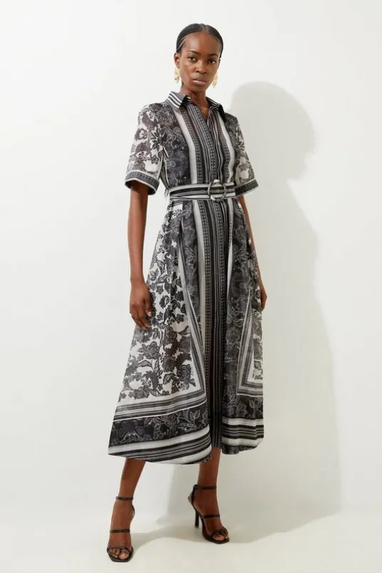 Tile Print Organdie Midaxi Shirt Dress