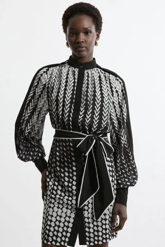 Tipped Border Print Georgette Mini Dress