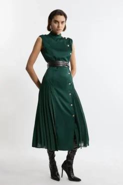 Top Stitch Satin Georgette Strong Shoulder Midi Dress