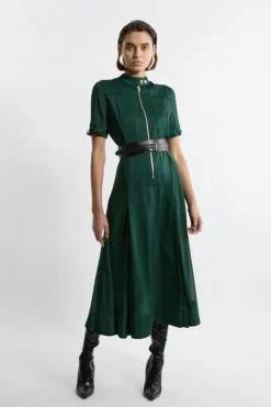 Top Stitch Viscose Satin Zip Front Woven Dress With PU Belt