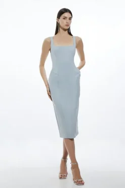 Topstitch Detail Techno Cotton Woven Strappy Midi Dress