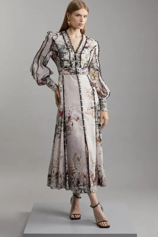 Trailing Floral Woven Plunge Maxi Dress