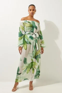 Tropical Palm Print Beach Off The Shoulder Maxi Dress