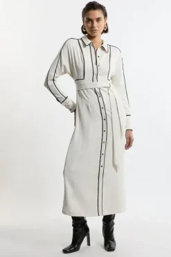 Twill Contrast Piping Woven Midi Dress
