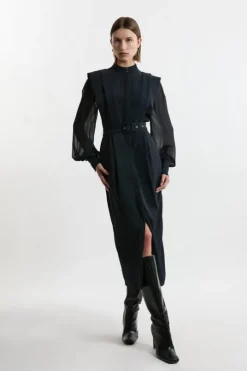 Twill Pencil Woven Midi With Crinkle Sleeve