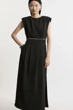 Twill Pintuck Strong Shoulder Woven Midi Dress