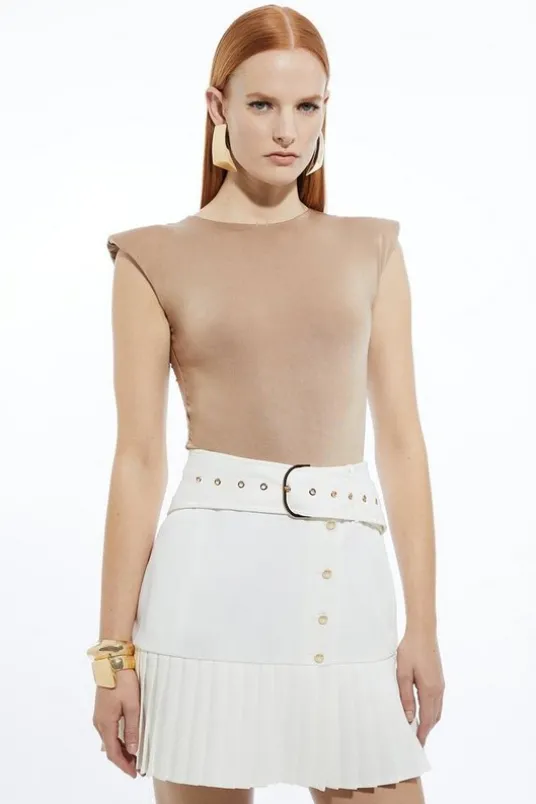 Twill Woven Belt Detail Pleated Mini Skirt