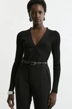 V Neck Elevated Rib Knit Top