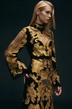 Velvet Applique & Beaded Woven Column Midi Dress