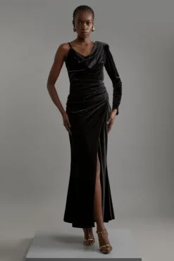 Velvet Asymmetric One Shoulder Tailored Maxi Dress