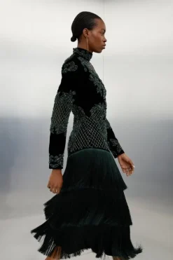 Velvet Baroque Fringe Woven Midi Dress