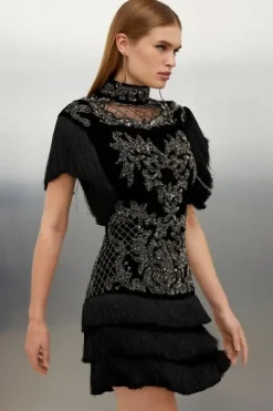 Velvet Baroque Fringe Woven Mini Dress