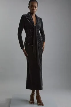 Velvet Long Sleeve Wrap V Neck Maxi Dress